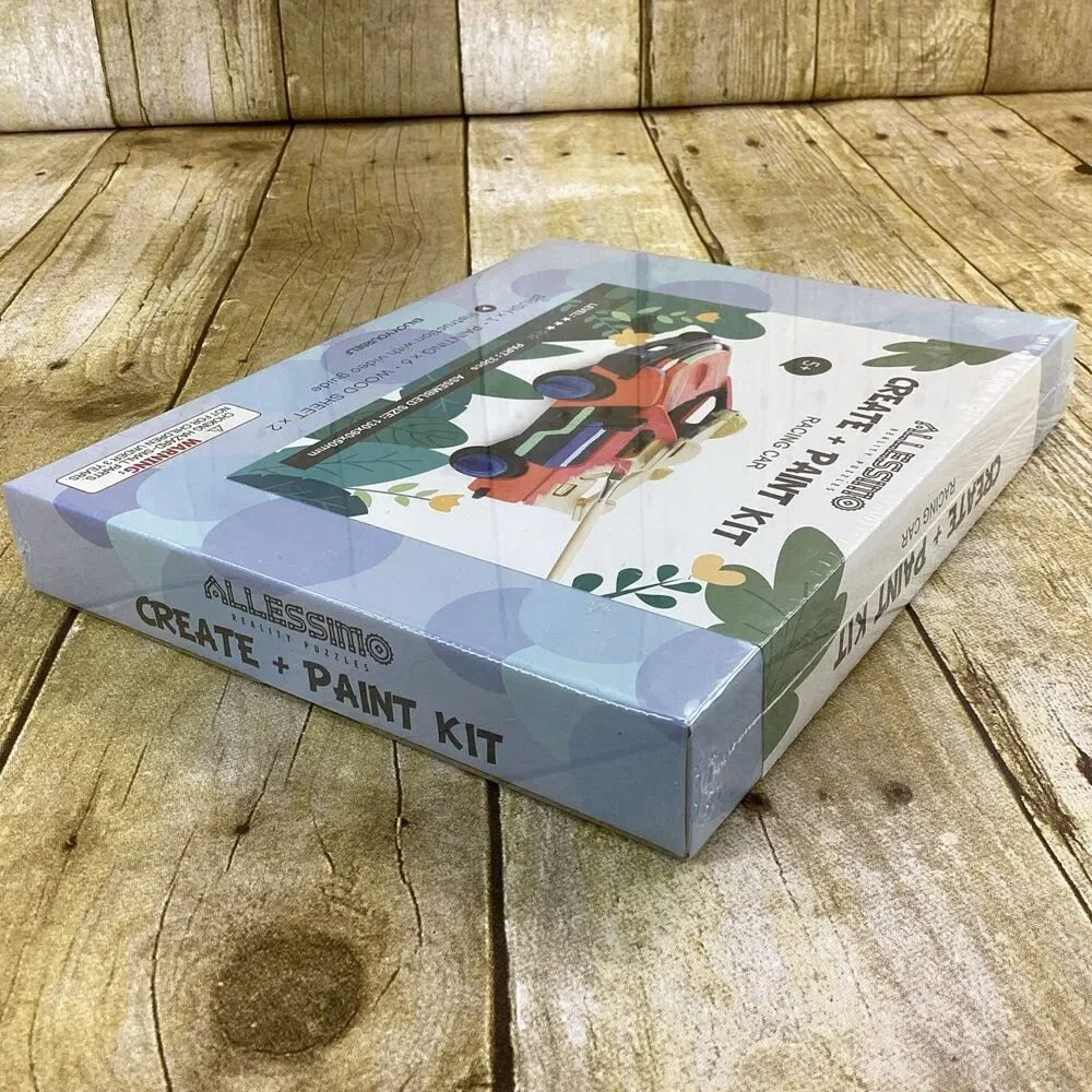 Allessimo 3D Wooden Race Car Model Paint Kit Kids 33pcs New Sealed